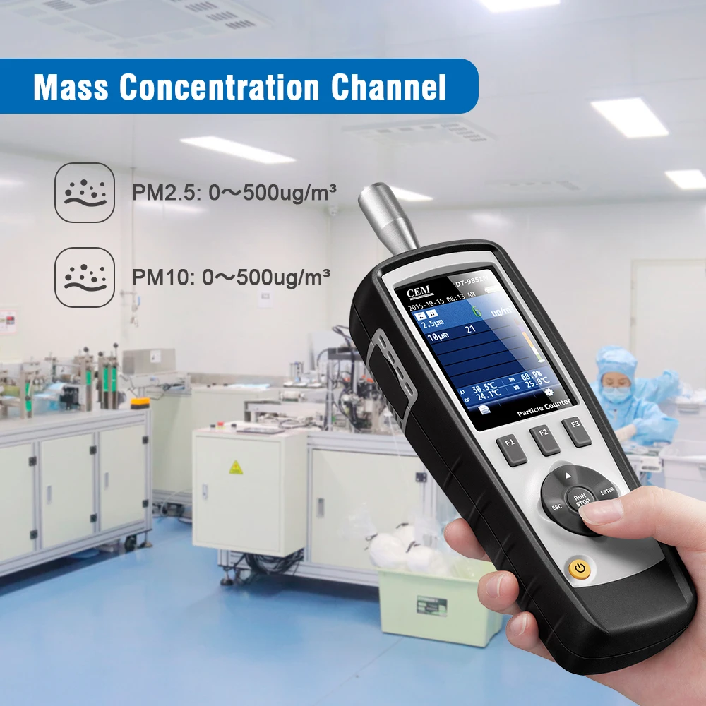 CEM DT-9850M Professional Handheld 2.83 Lmin Flow Rate Air Laser PM0.3 PM2.5 PM10 um Particle Counter CEM DT-9850M Professional Handheld 2.83 Lmin Flow Rate Air Laser PM0.3 PM2.5 PM10 um Particle Counter